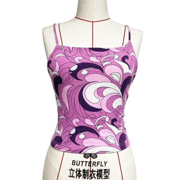 Vintage Rue 21 Womens Size L Purple Printed Stretch Lace Back Top - Picture 1 of 6